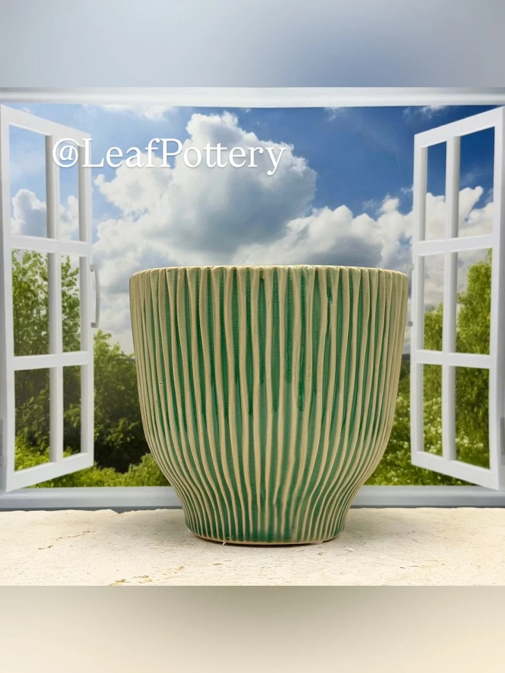 Boho Green Ribbed Ceramic Planter with Drainage Hole | Fluted Plant Pot